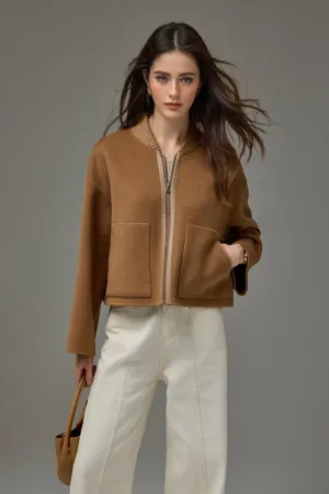 Cropped Wool-Cashmere Doule-Faced Zip-Up Bomber Jacket
