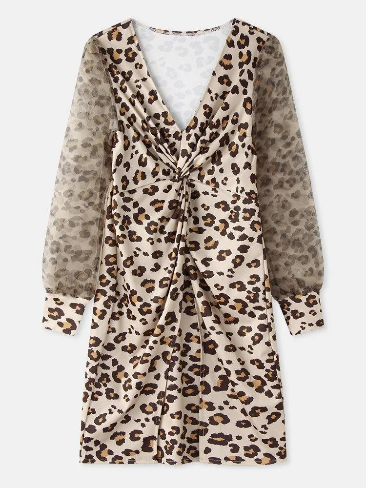 deanwangkt Women Leopard Twist V-Neck Elegant Long Sleeve Dress