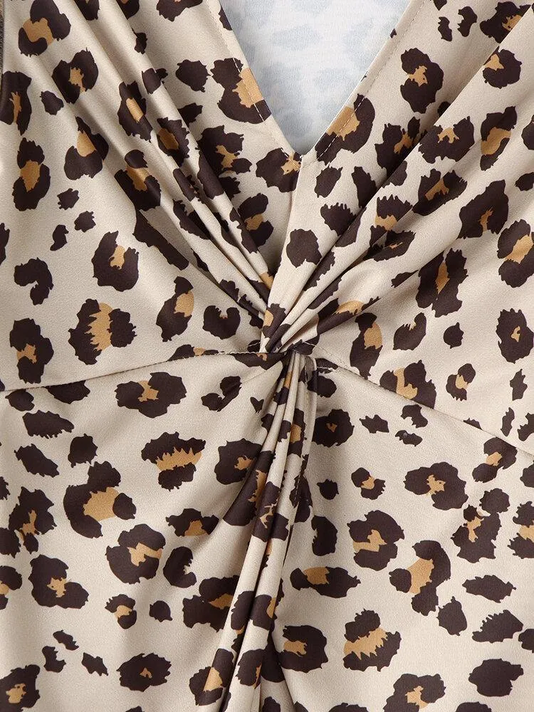 deanwangkt Women Leopard Twist V-Neck Elegant Long Sleeve Dress