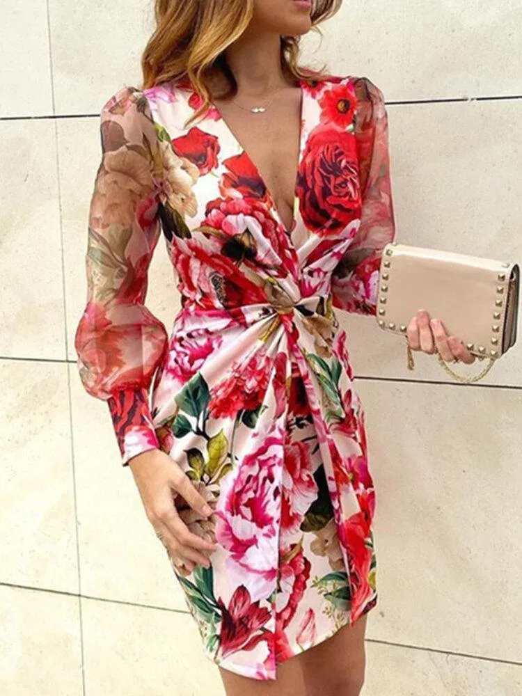 deanwangkt Women Leopard Twist V-Neck Elegant Long Sleeve Dress