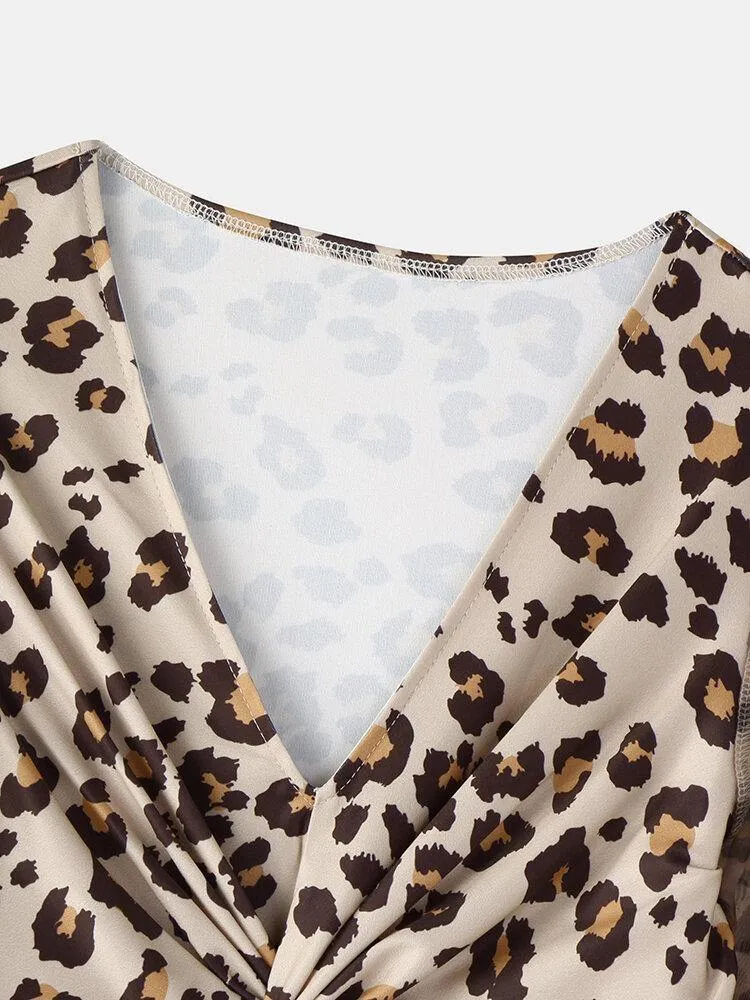 deanwangkt Women Leopard Twist V-Neck Elegant Long Sleeve Dress