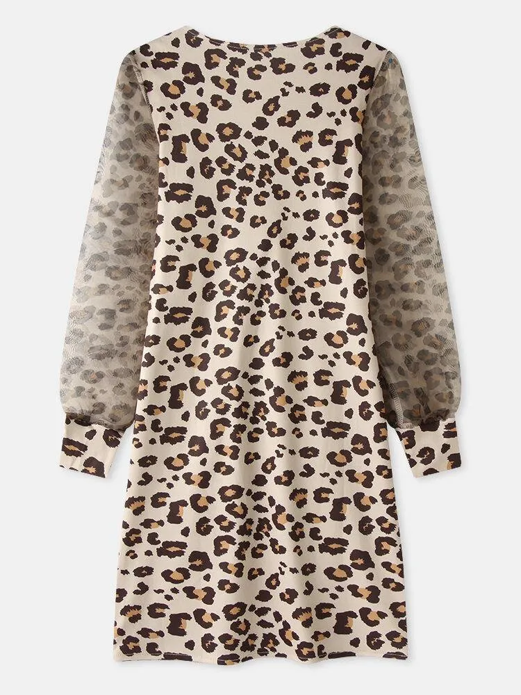deanwangkt Women Leopard Twist V-Neck Elegant Long Sleeve Dress