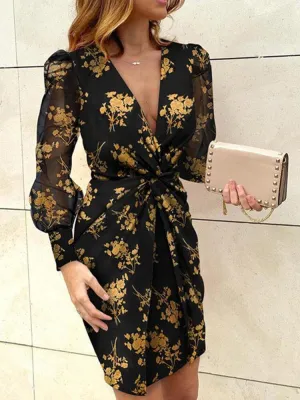 deanwangkt Women Leopard Twist V-Neck Elegant Long Sleeve Dress