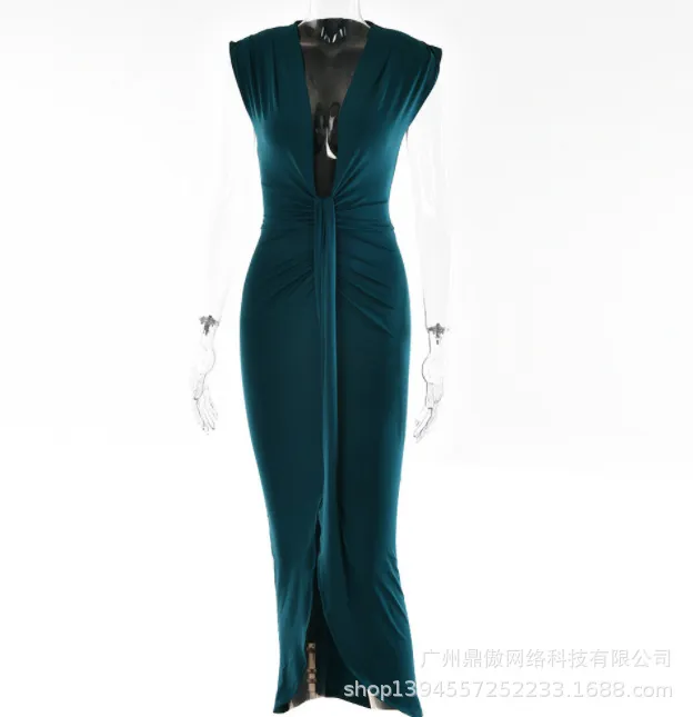Deep V-Neck Sleeveless Midi Dress