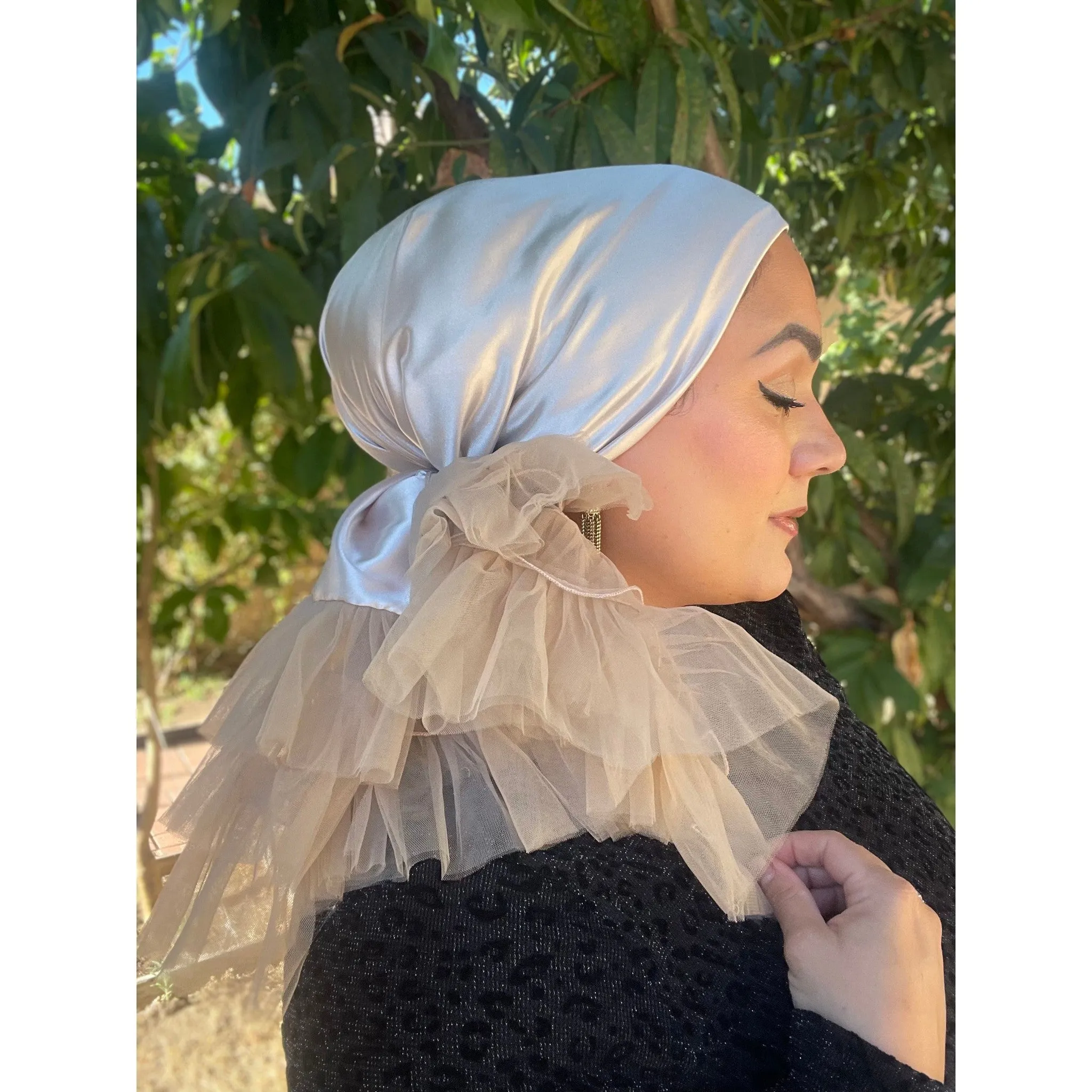 Evening Headscarf w/ Tulle, Rinati Lakel - Neutral