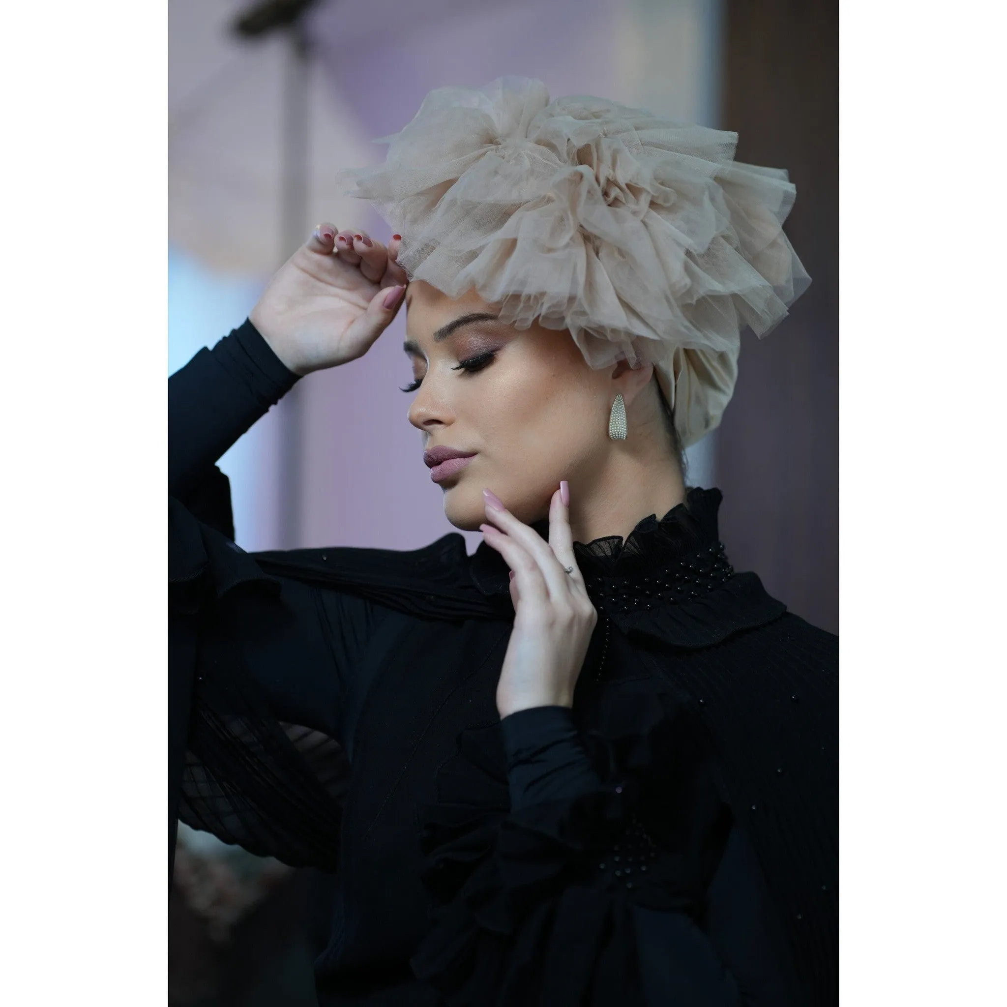 Evening Headscarf w/ Tulle, Rinati Lakel - Neutral
