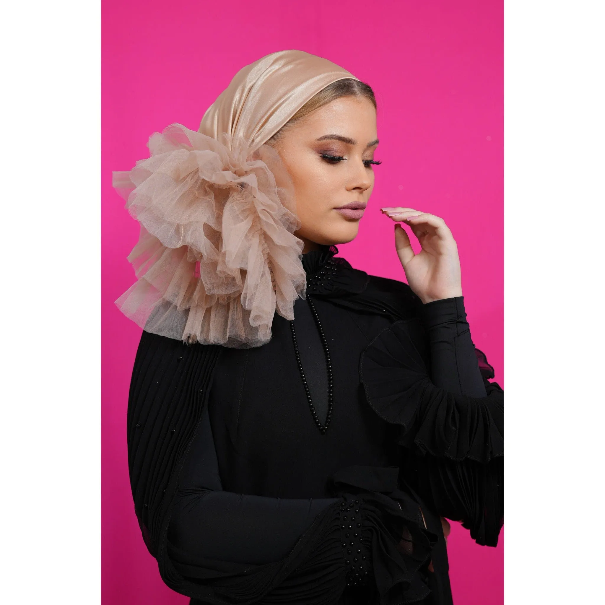 Evening Headscarf w/ Tulle, Rinati Lakel - Neutral