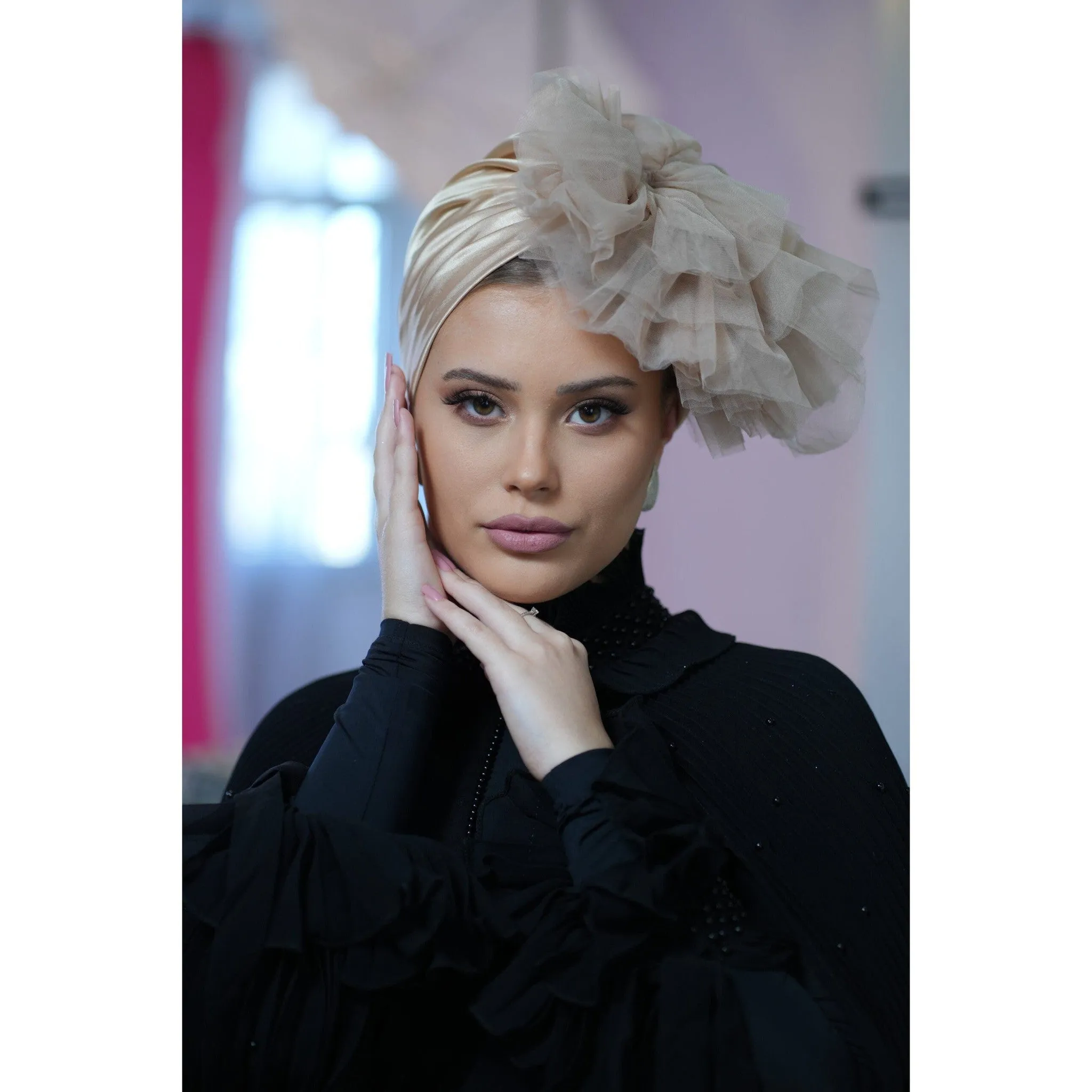 Evening Headscarf w/ Tulle, Rinati Lakel - Neutral