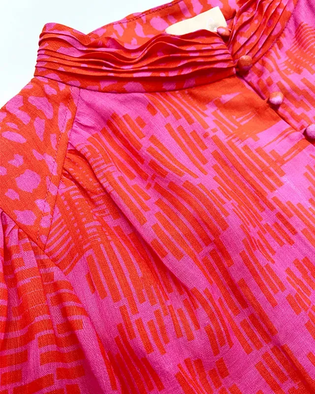 Fee G Sandra Red/Pink High Neck Frilled Mini Dress