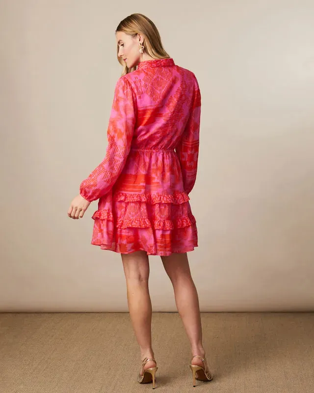 Fee G Sandra Red/Pink High Neck Frilled Mini Dress