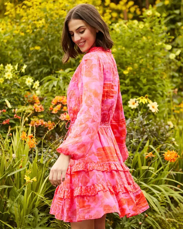 Fee G Sandra Red/Pink High Neck Frilled Mini Dress