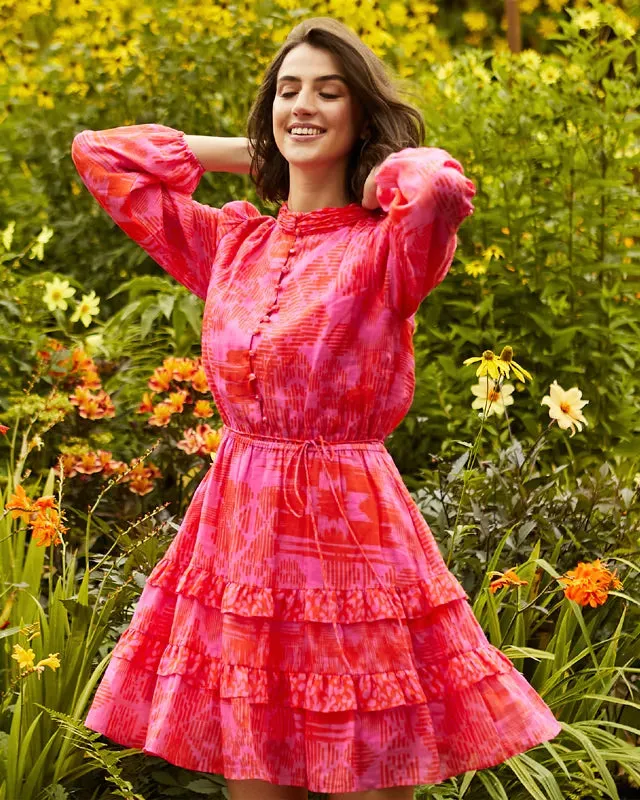 Fee G Sandra Red/Pink High Neck Frilled Mini Dress