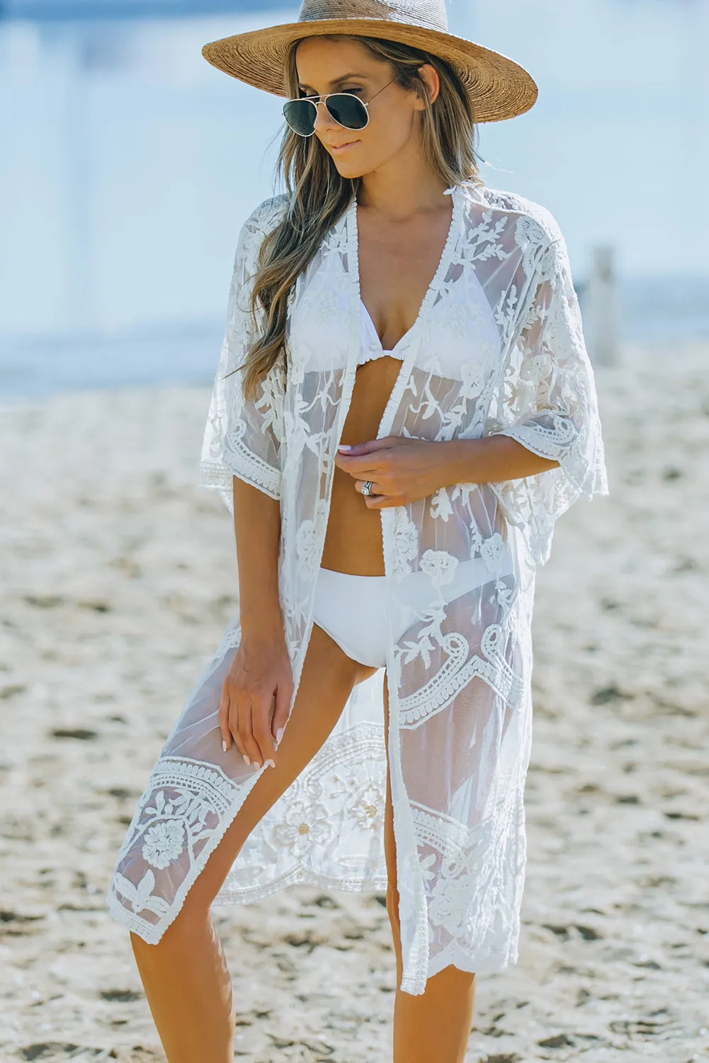 Floral Lace Mesh Open Front Kimono