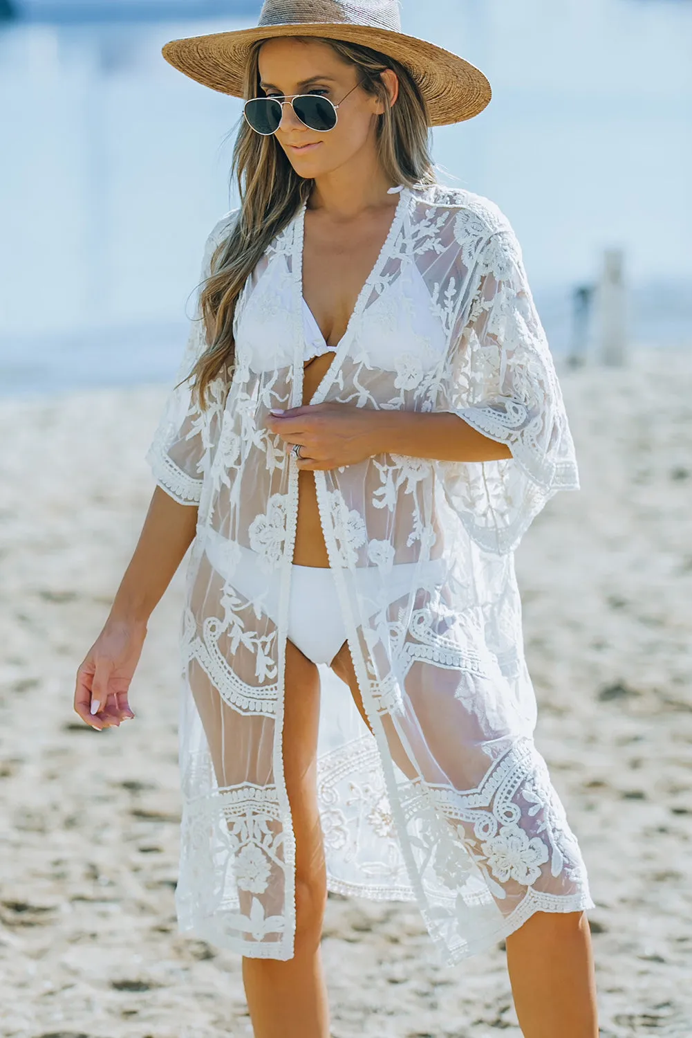 Floral Lace Mesh Open Front Kimono