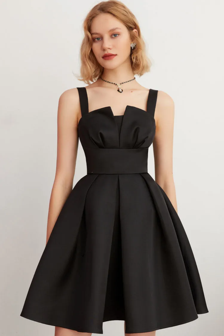Flytonn-nye outfits Silky Satin Suspender Strap Pleated Fit & Flare Party Mini Dress - Black