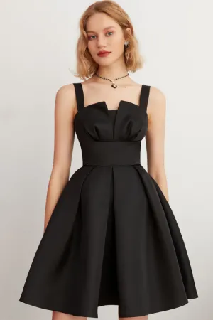 Flytonn-nye outfits Silky Satin Suspender Strap Pleated Fit & Flare Party Mini Dress - Black
