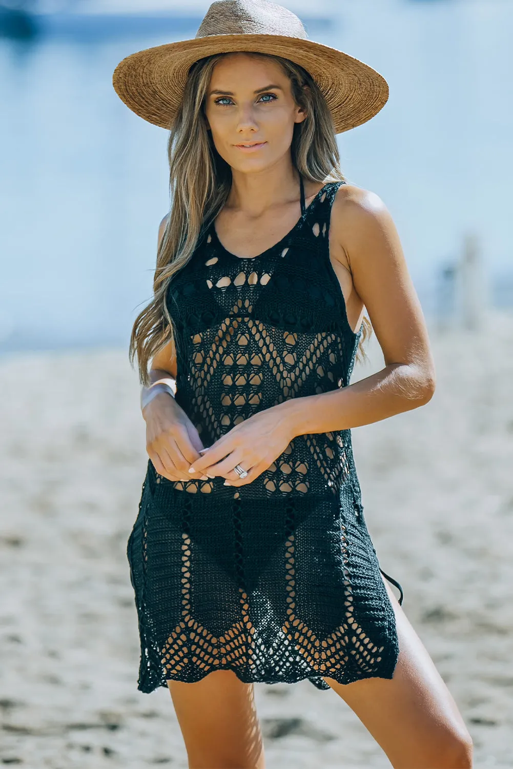 Geometric Patterned Knit Boho Style Beach Cover Up