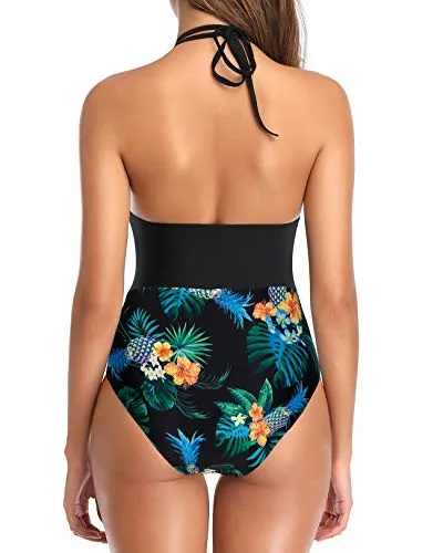 Halter Bathing Suit Women Sexy V Neck Tummy Control One Piece Swimwear-Black Pineapple