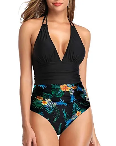 Halter Bathing Suit Women Sexy V Neck Tummy Control One Piece Swimwear-Black Pineapple