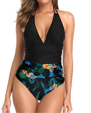 Halter Bathing Suit Women Sexy V Neck Tummy Control One Piece Swimwear-Black Pineapple