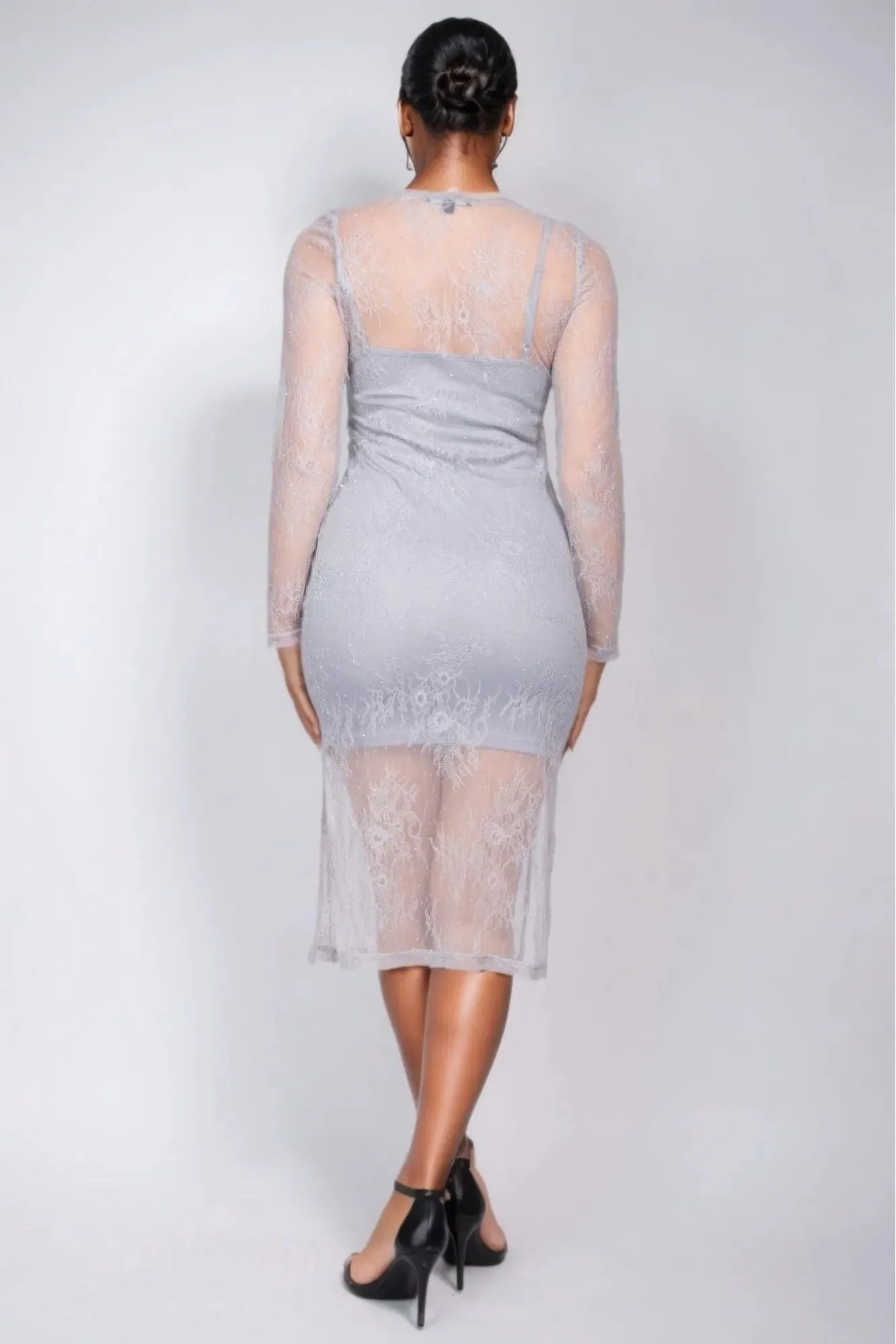 Lace Rhinestone-Studded Slit Midi Dress