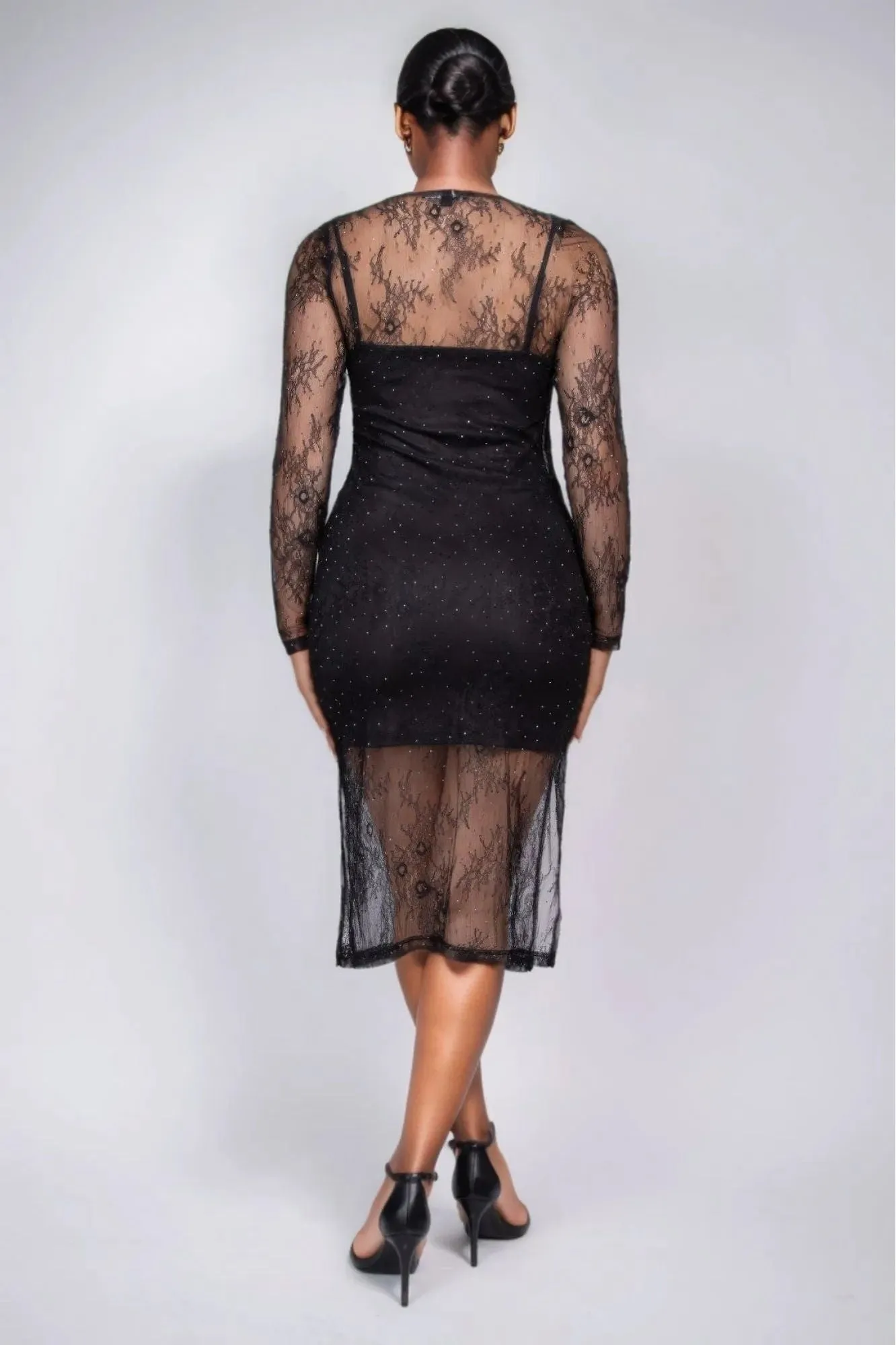 Lace Rhinestone-Studded Slit Midi Dress