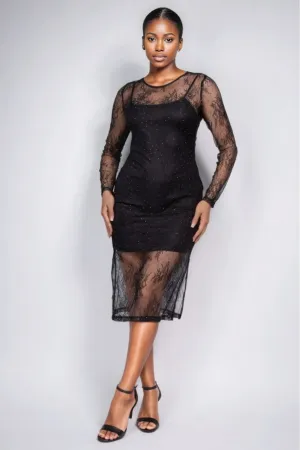 Lace Rhinestone-Studded Slit Midi Dress