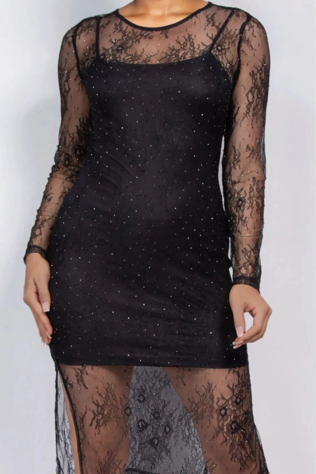 Lace Rhinestone-Studded Slit Midi Dress