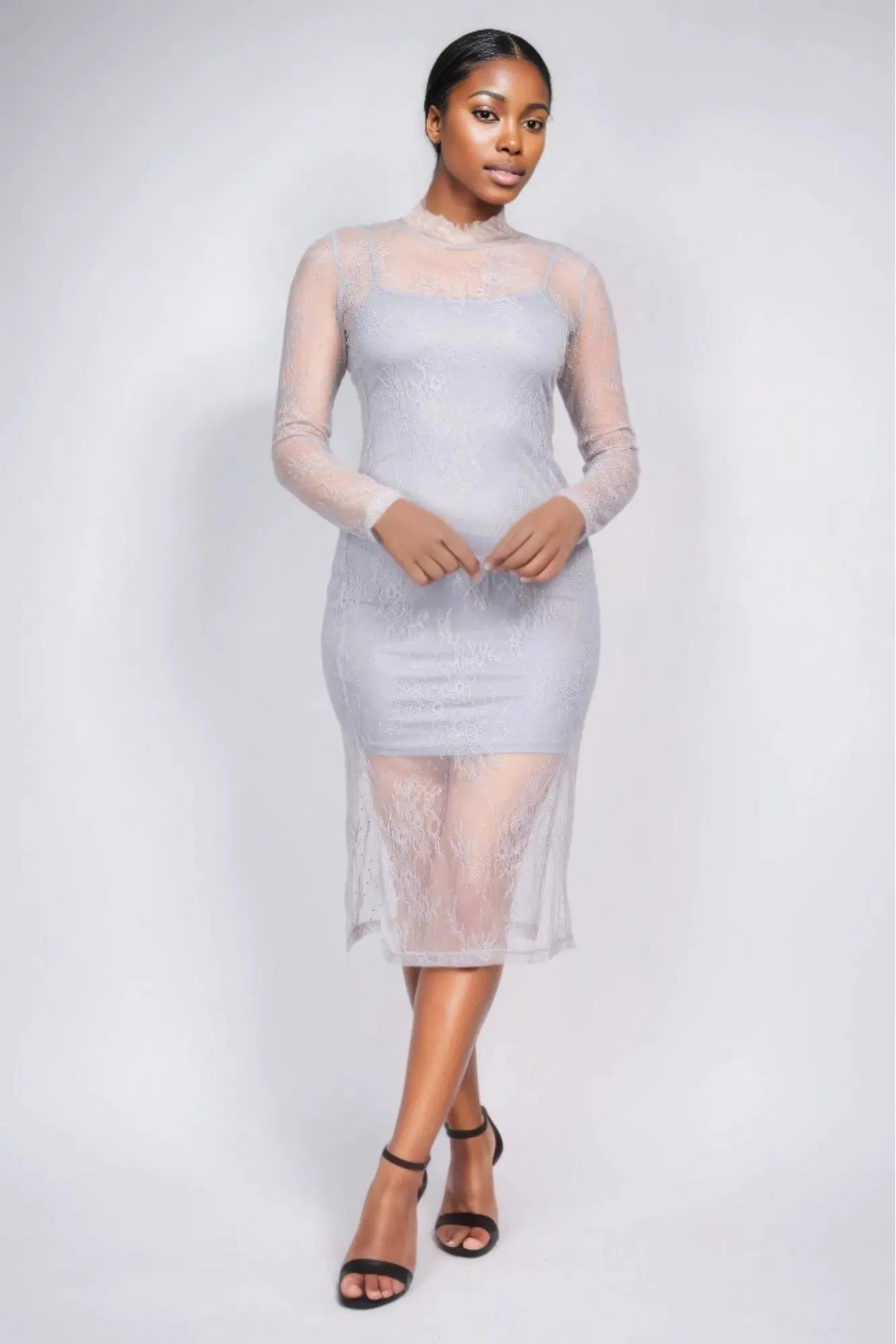 Lace Rhinestone-Studded Slit Midi Dress