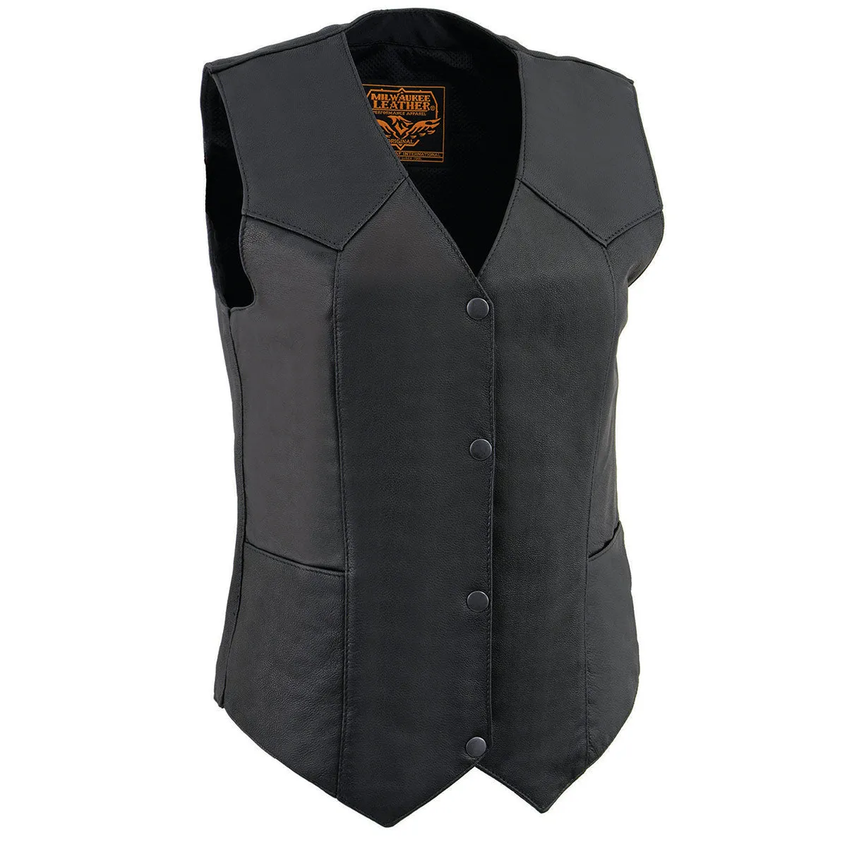 MLL4545 Women's Black Naked Leather Lightweight Classic 4-Snap V-Neck Motorcycle Rider Vest