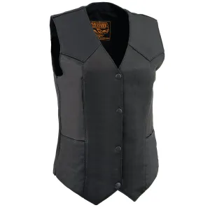 MLL4545 Women's Black Naked Leather Lightweight Classic 4-Snap V-Neck Motorcycle Rider Vest