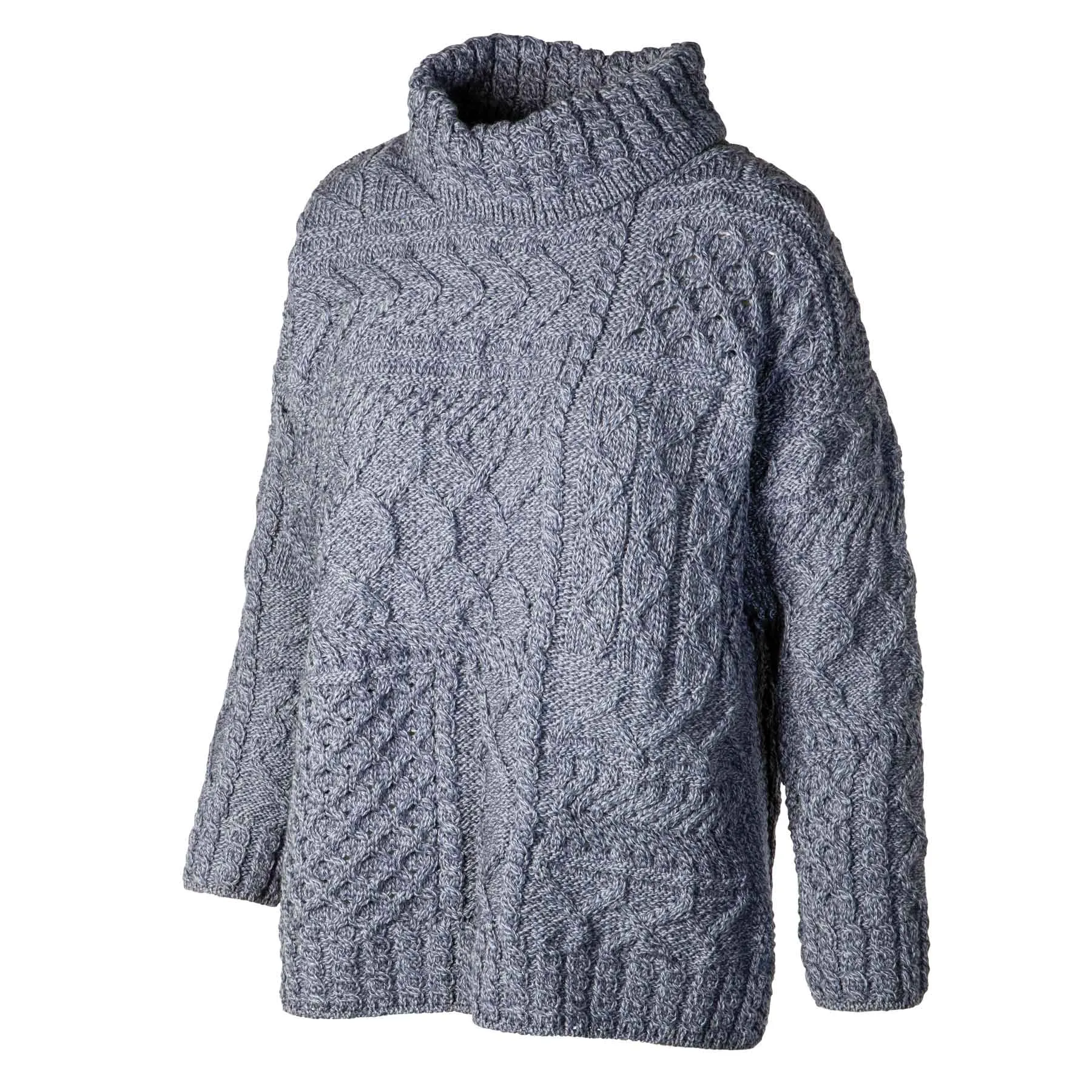 Oversized Patchwork Aran Knit Sweater- Denim Blue