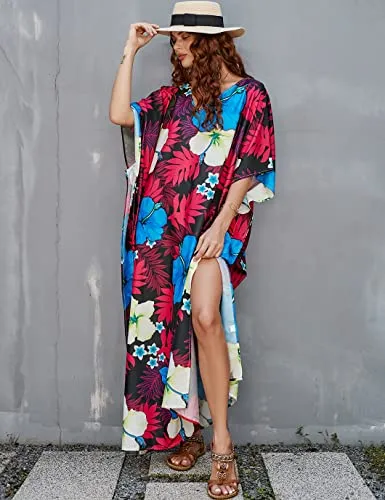 Purple V-Neck Ethnic Print Kaftan Beach Cover Up