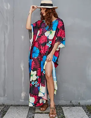 Purple V-Neck Ethnic Print Kaftan Beach Cover Up