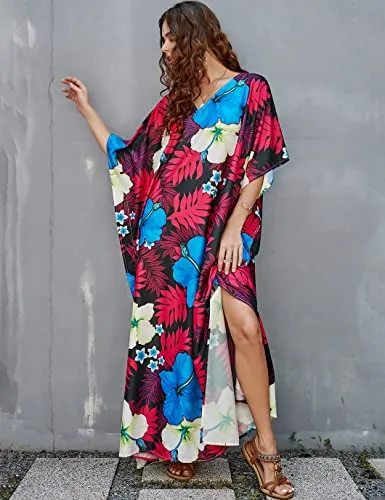 Purple V-Neck Ethnic Print Kaftan Beach Cover Up