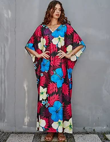 Purple V-Neck Ethnic Print Kaftan Beach Cover Up