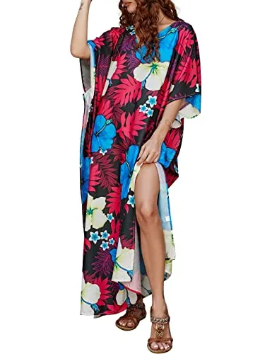 Purple V-Neck Ethnic Print Kaftan Beach Cover Up