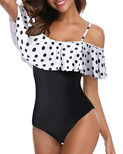 Ruffled Flounce One Piece Swimsuit Off Shoulder Retro Swimwear-White Black Polka Dots