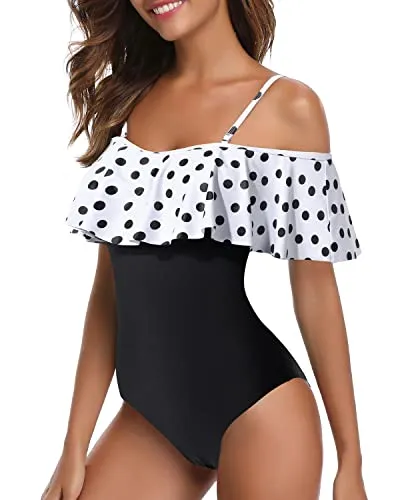 Ruffled Flounce One Piece Swimsuit Off Shoulder Retro Swimwear-White Black Polka Dots