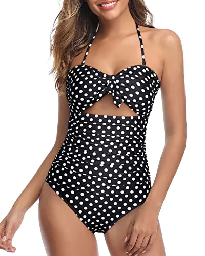 Sexy Cutout Tummy Control High Waisted Swimsuits-Black Dot