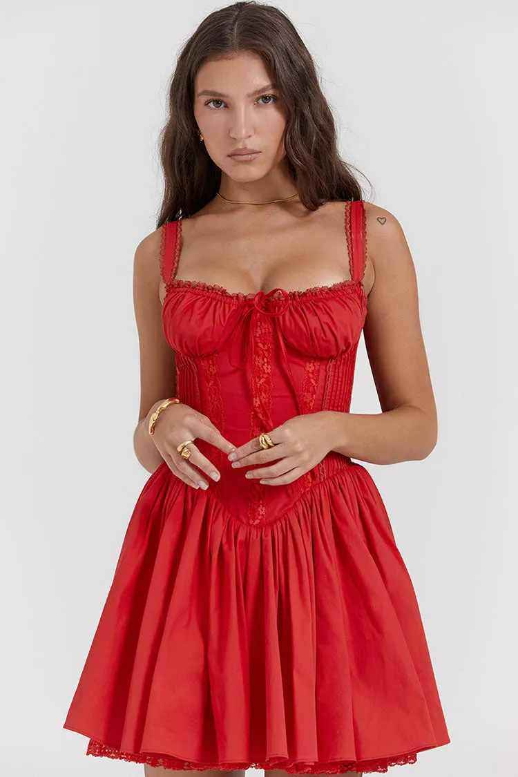 Sexy Lace Square Neck Tie Front Lace Up Back Drop Waist Mini Sundress - Red