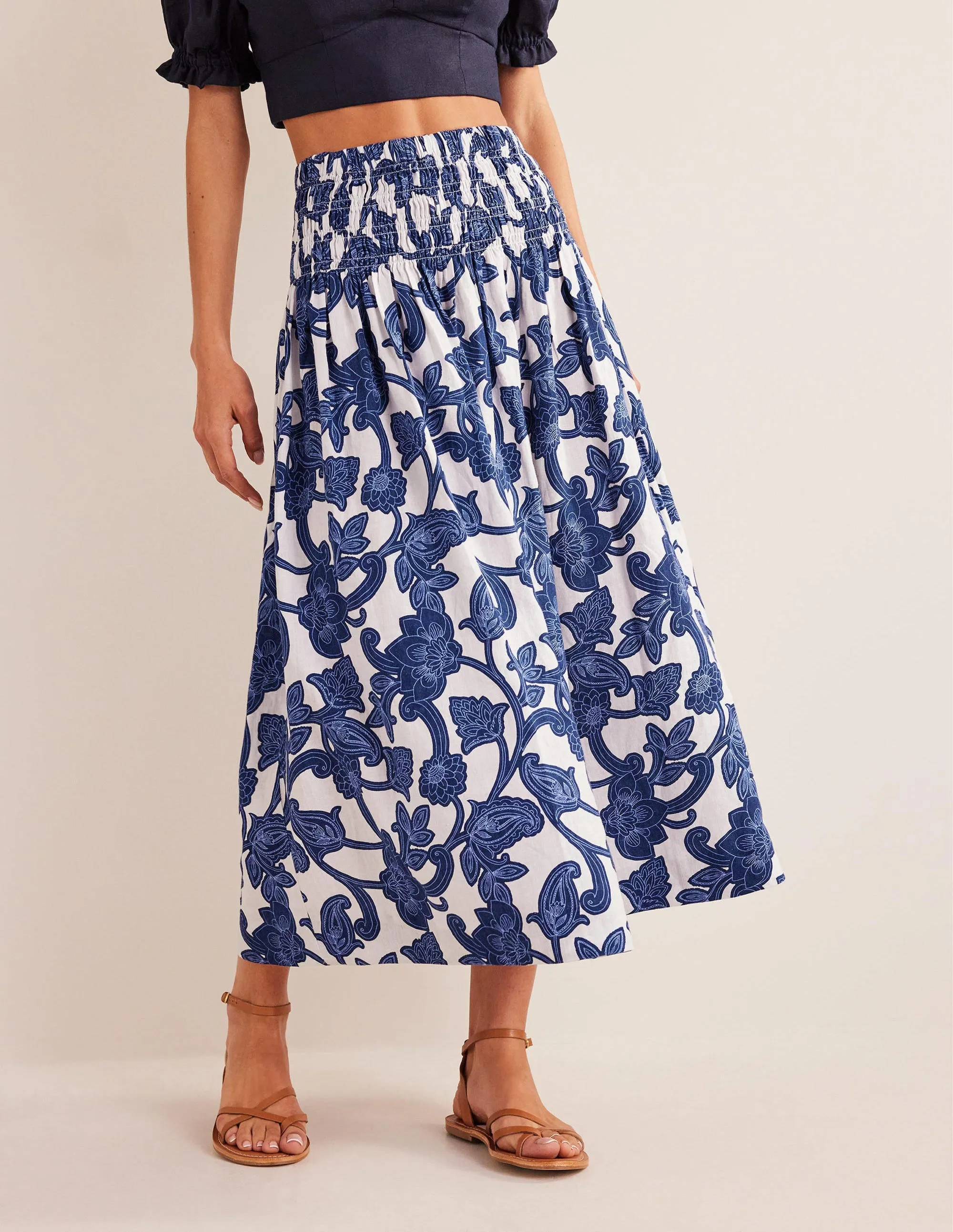 Shirred Waist Linen Midi Skirt-Blue Ribbon, Paisley Whirl