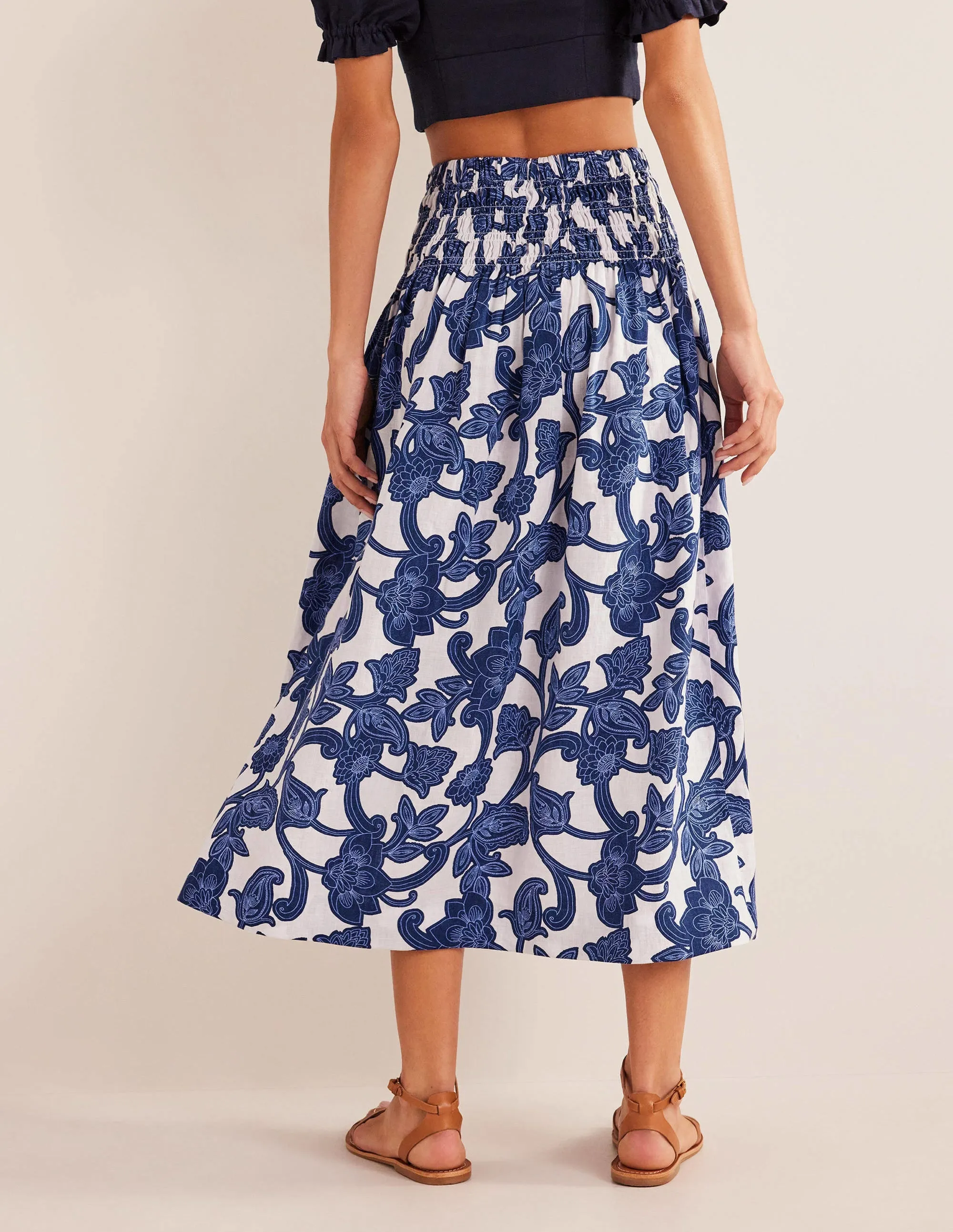 Shirred Waist Linen Midi Skirt-Blue Ribbon, Paisley Whirl