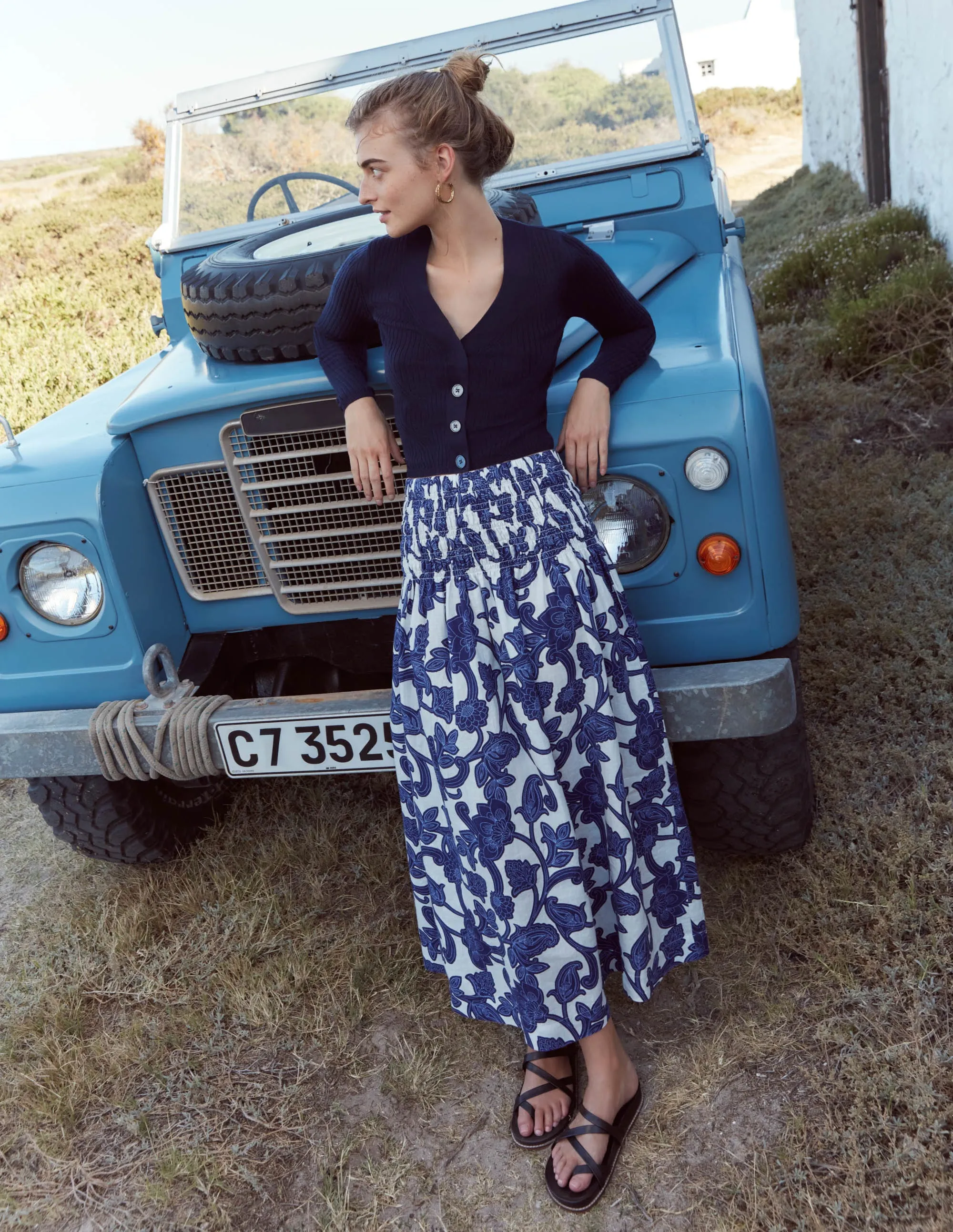 Shirred Waist Linen Midi Skirt-Blue Ribbon, Paisley Whirl