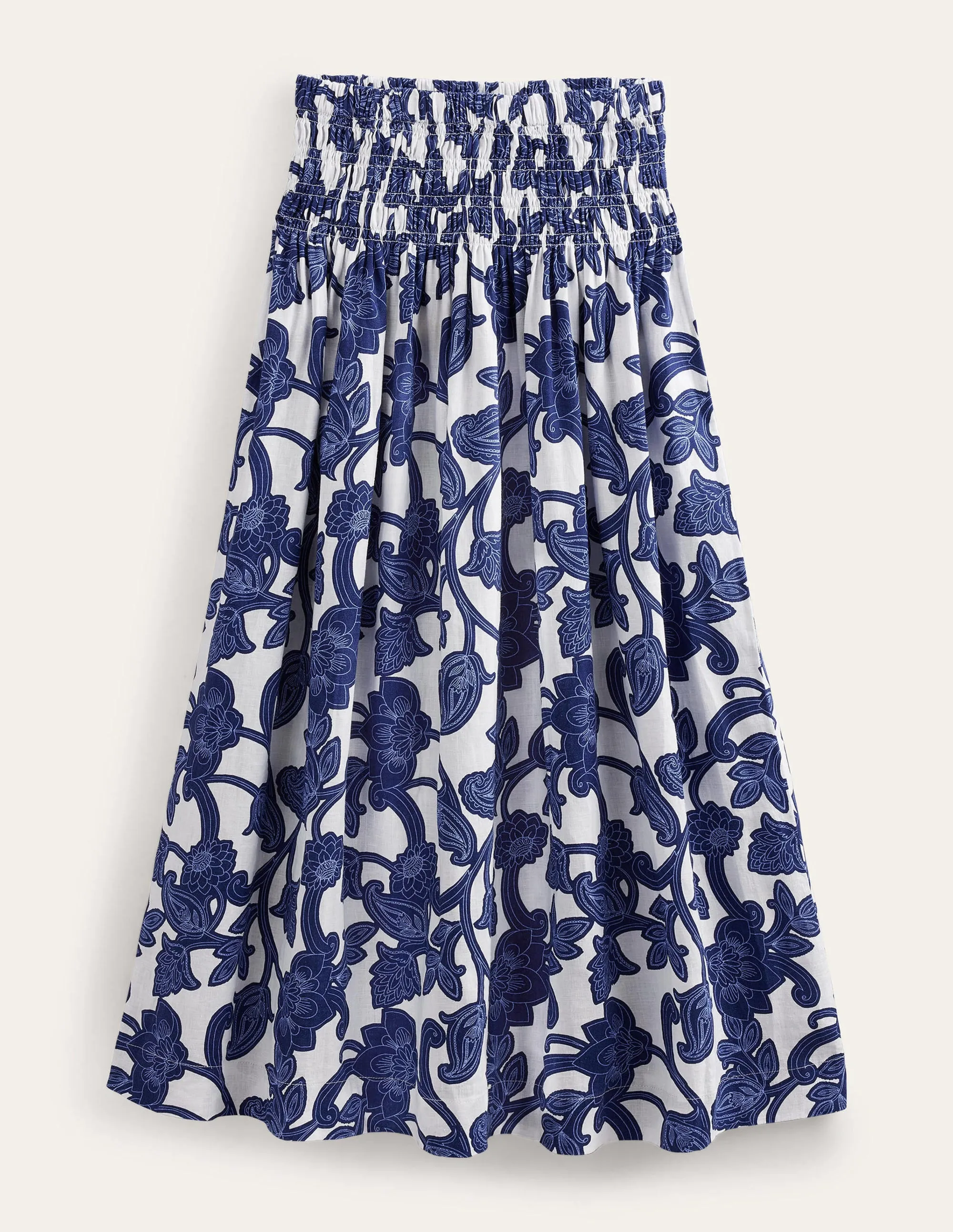 Shirred Waist Linen Midi Skirt-Blue Ribbon, Paisley Whirl