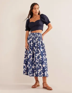 Shirred Waist Linen Midi Skirt-Blue Ribbon, Paisley Whirl