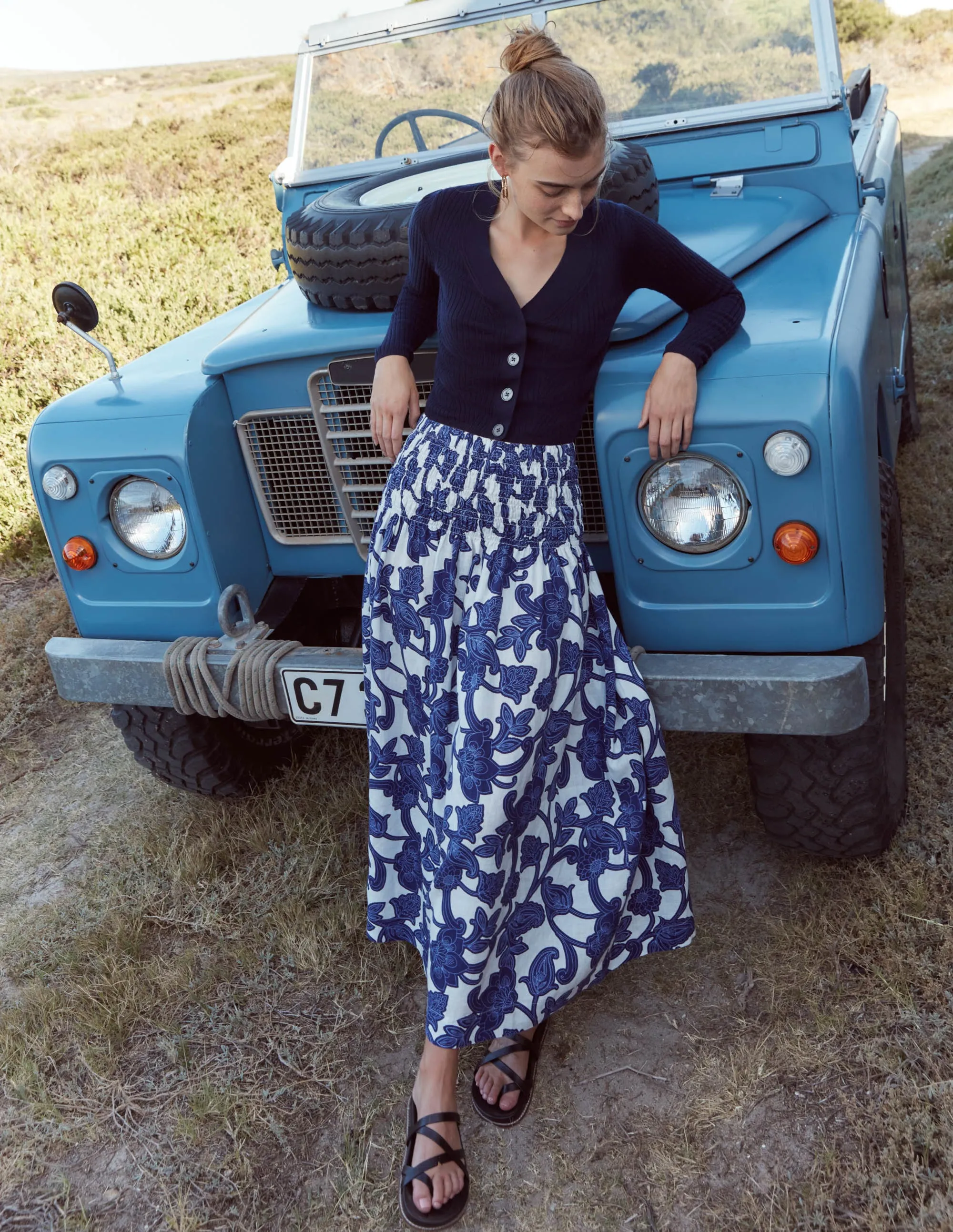 Shirred Waist Linen Midi Skirt-Blue Ribbon, Paisley Whirl