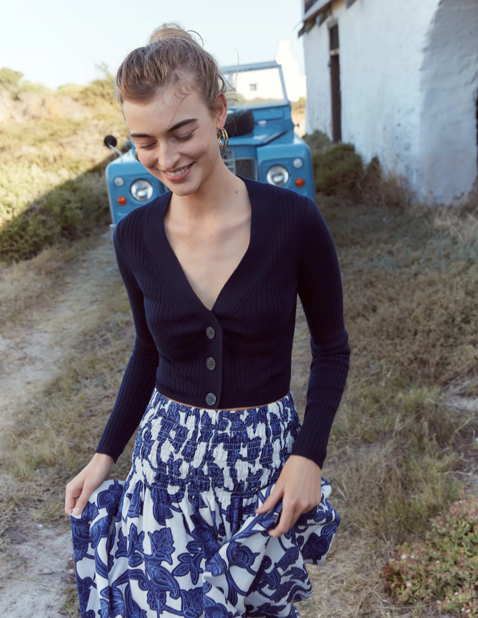 Shirred Waist Linen Midi Skirt-Blue Ribbon, Paisley Whirl