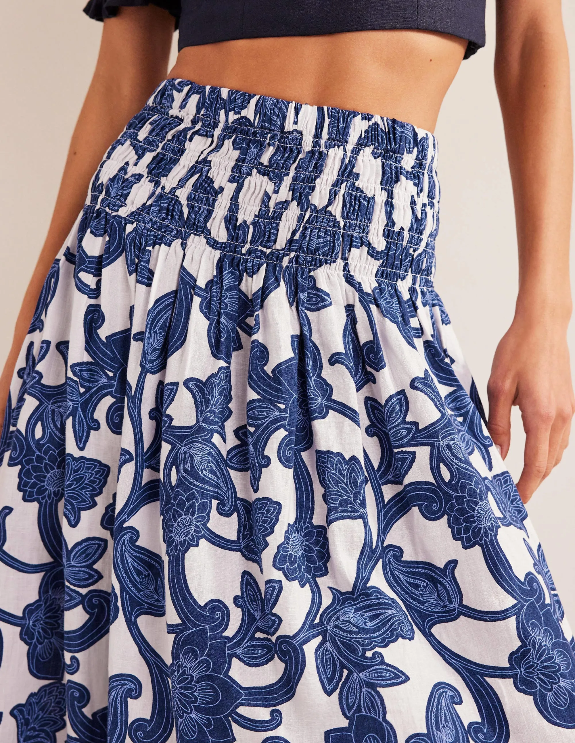 Shirred Waist Linen Midi Skirt-Blue Ribbon, Paisley Whirl