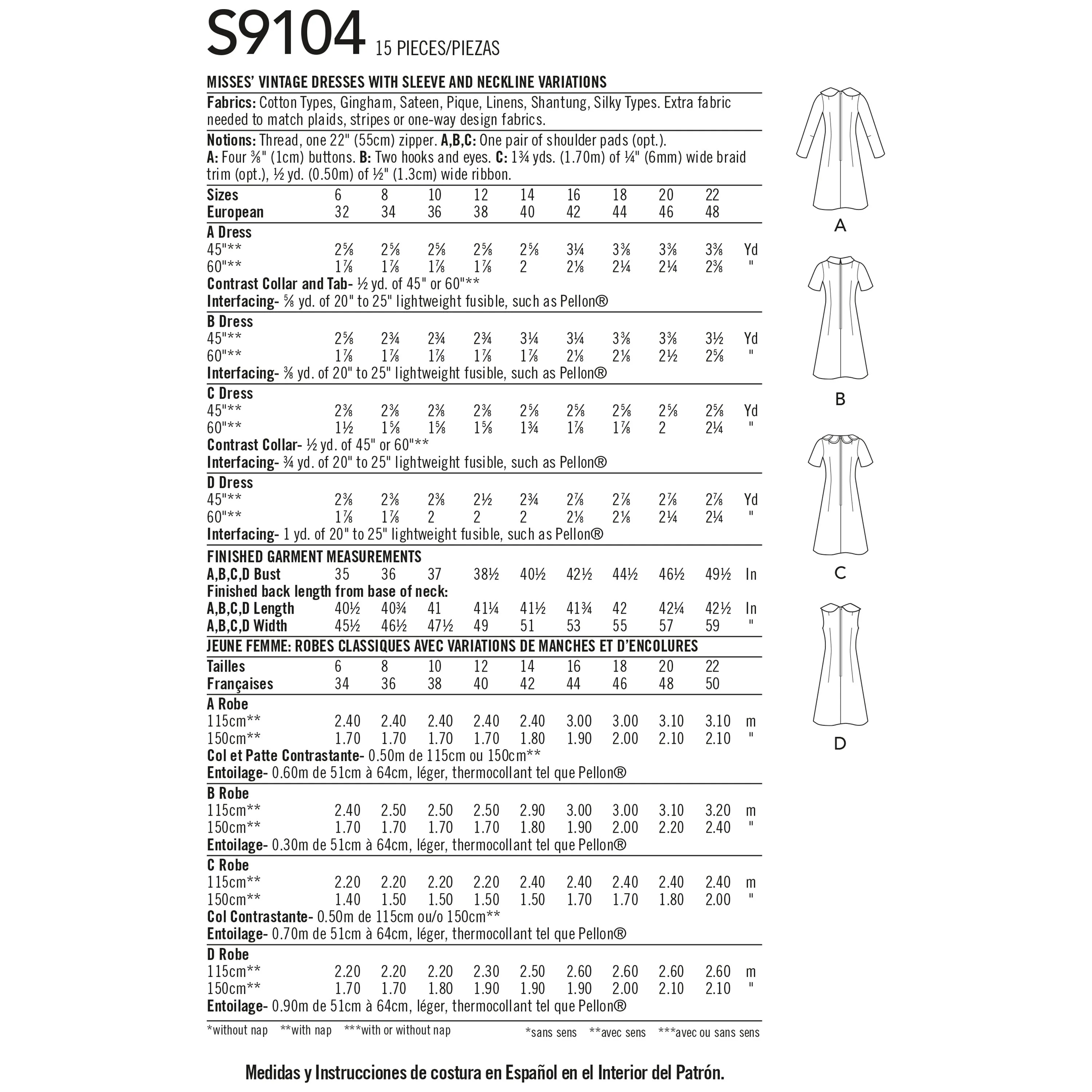 Simplicity Pattern 9104 Misses' Vintage Dresses With Sleeve & Neckline Variation